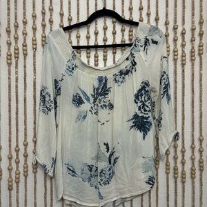 Lucky Brand Blue White Boho Floral Indie Off Shoulder Peasant Flowy Blouse Lg